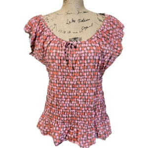 DKNY Jeans Pink short sleeve tie front smocked waist top.